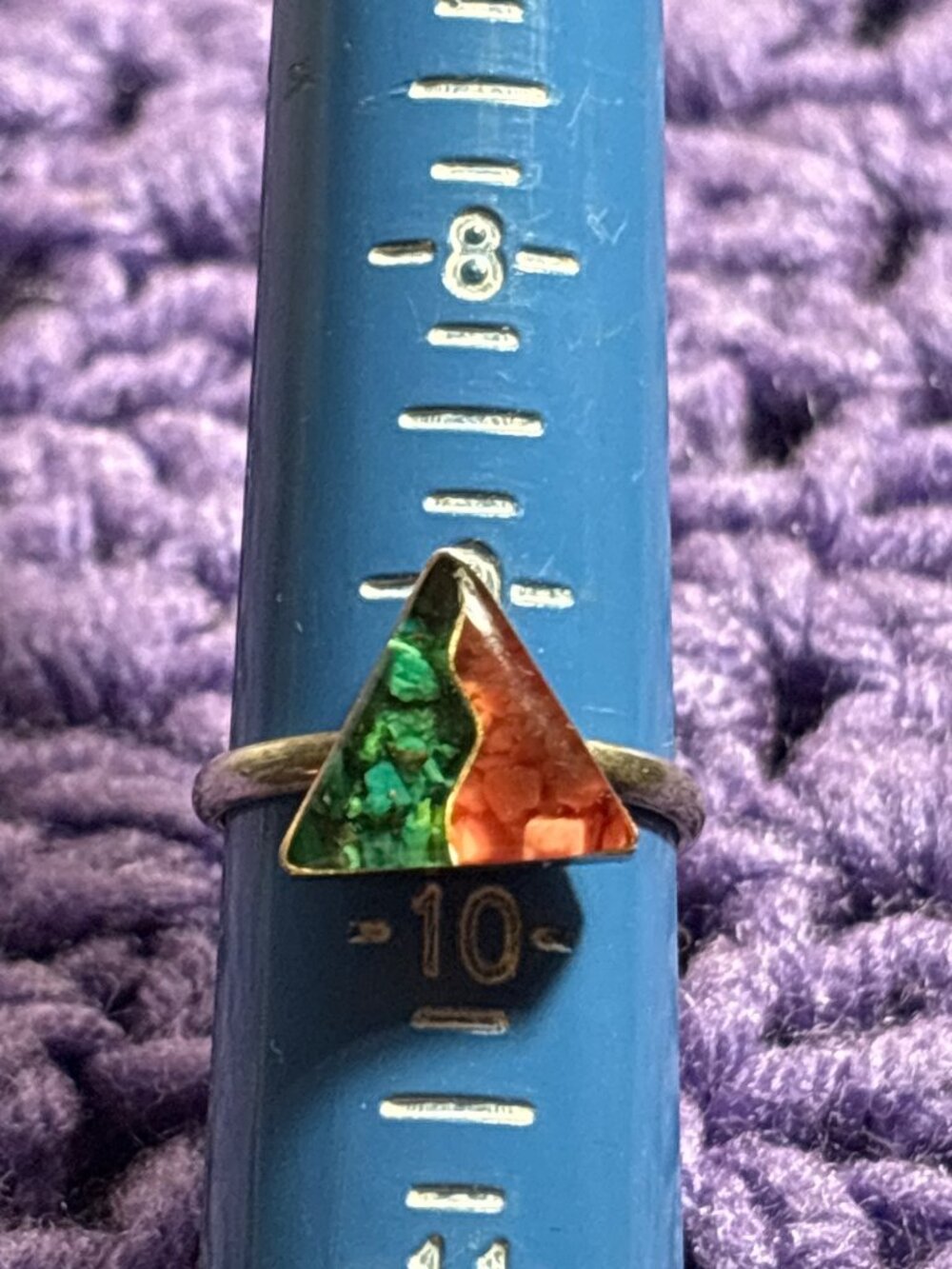 Vintage Silvertone Adjustable Ring Abstract Triangle Green Pink